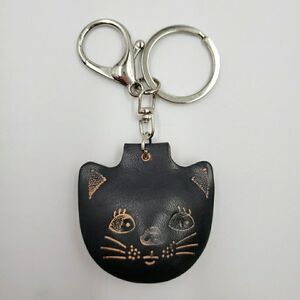 Mini Black Cat Face Keychain Handmade Leather Kawaii Accessory Bag Charm Keyring